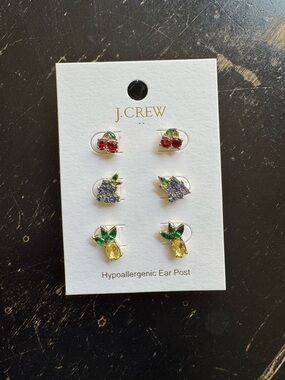 New J.Crew Fruit Trio Stud Earring Set - Red, Purple, Yellow with green leaves